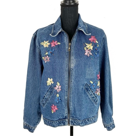 Vintage Jackets & Blazers - Vintage Womens Floral Embroidered Denim Jean Jacket LG Cottagecore Shabby Chic